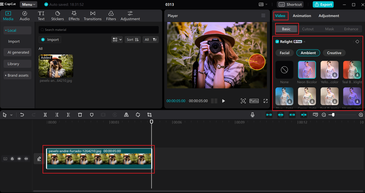 Add relight filters on the CapCut desktop, the best Clipdrop Relight alternative