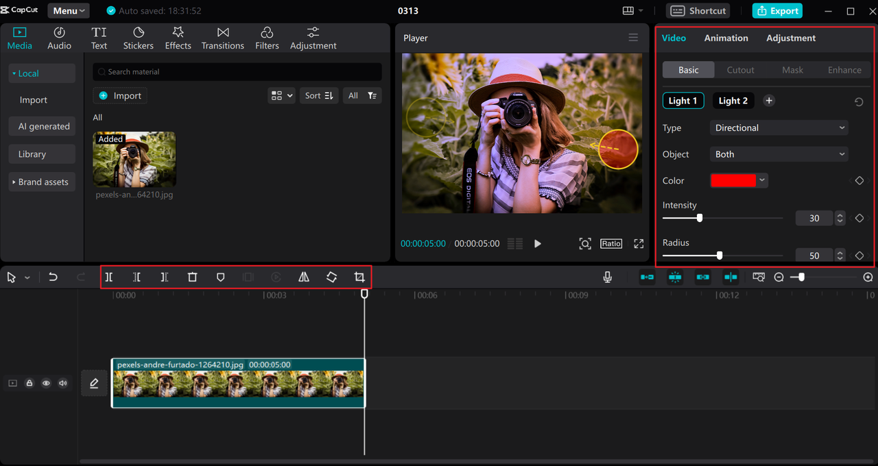 Customize image relight effects on the CapCut desktop Clipdrop Relight alternative