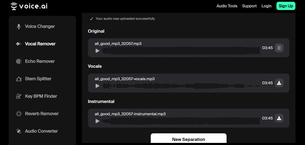 Separate audio on Voice.ai's vocal remover freeware
