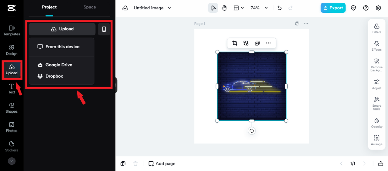 uploading car image to CapCut Online