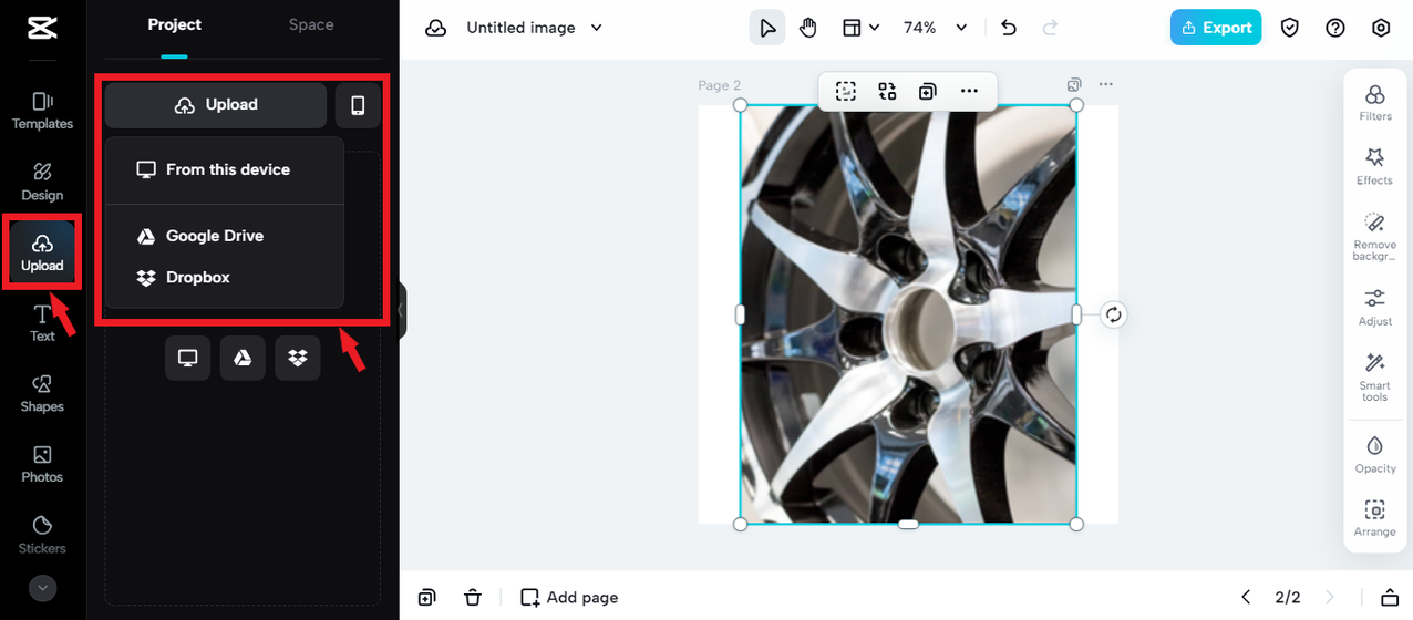 uploading image for logo in CapCut Online