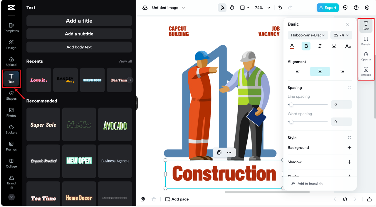 Proceed to the 'Text' option to personalize your company name
