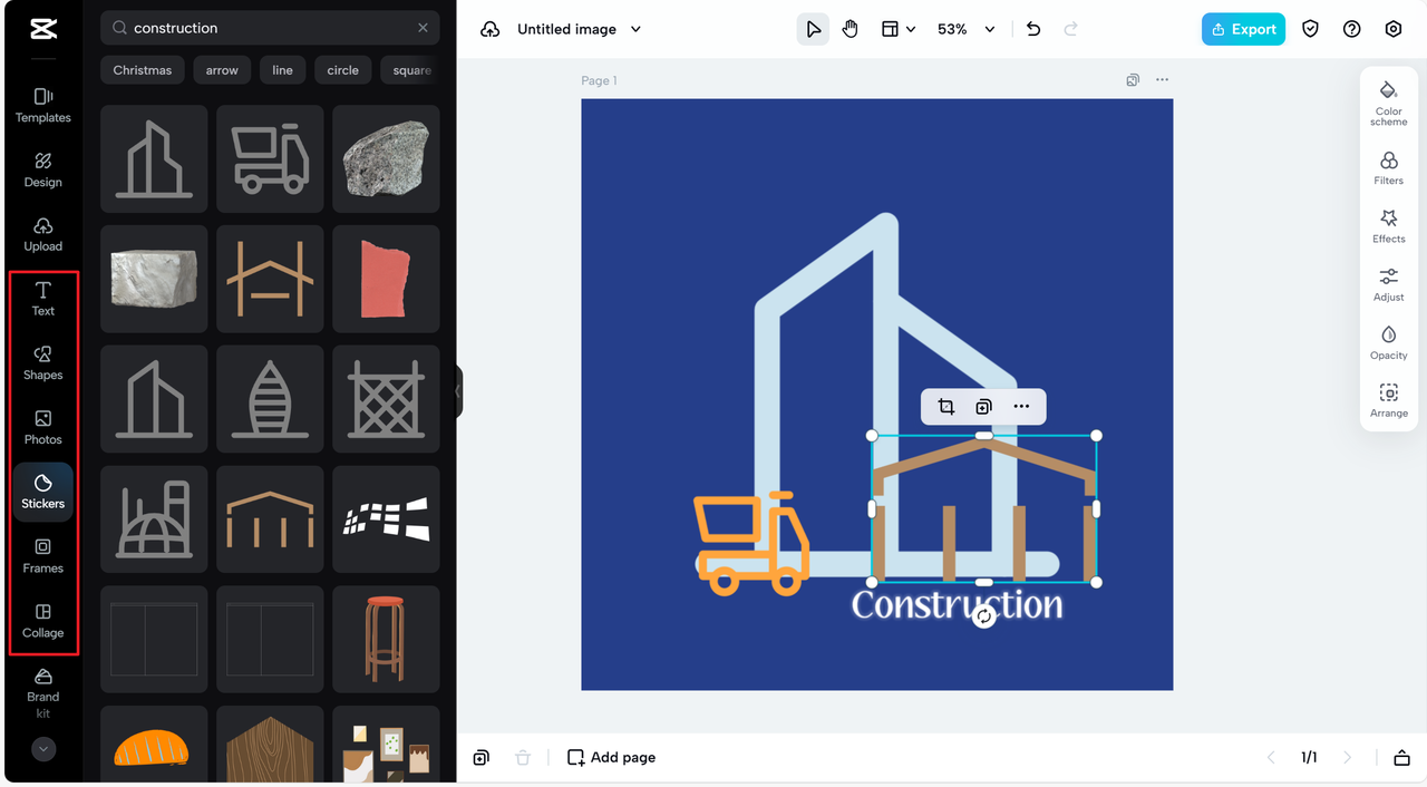 Lots of texts, images, shapes, and stickers to choose