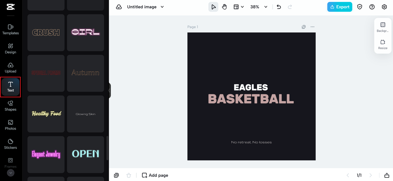 Choose "Text" to personalize textual elements