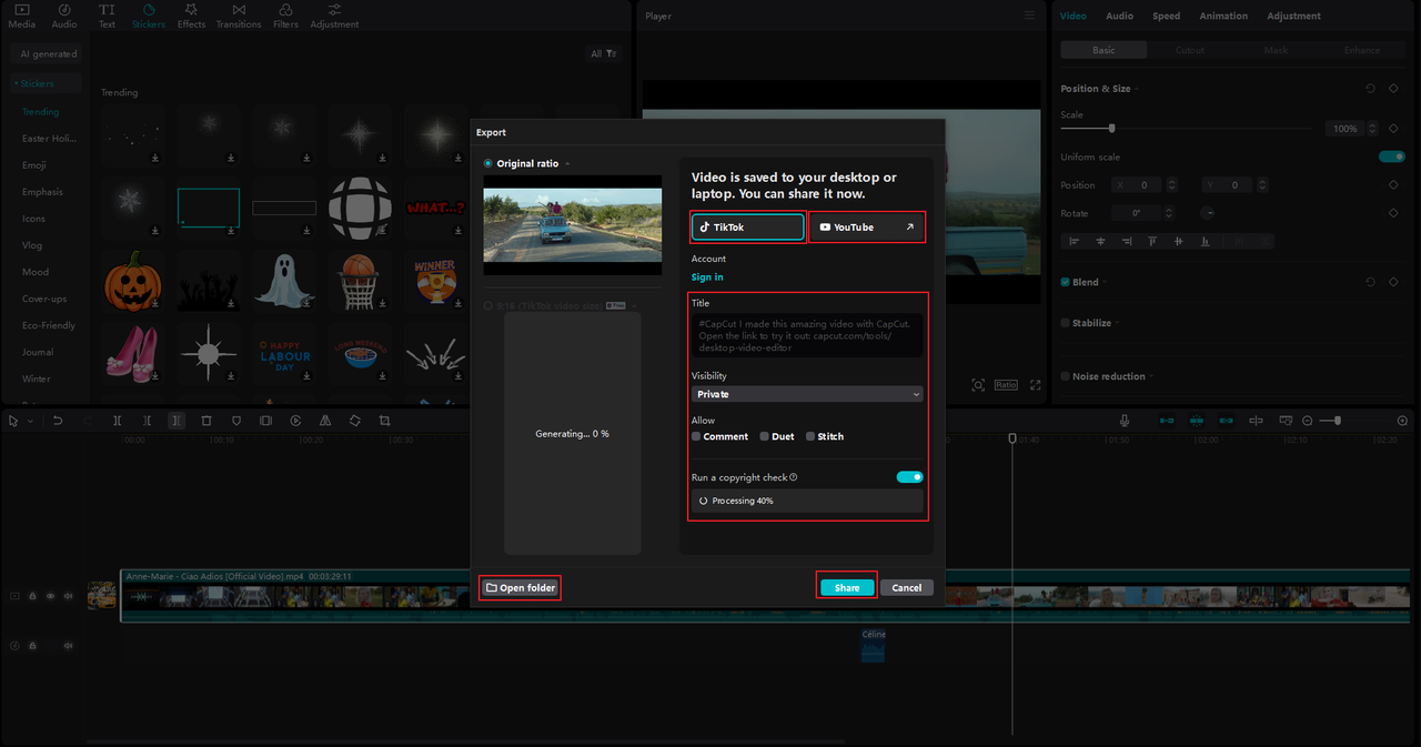 How to quickly share a video to TikTok or YouTube on the best vocal remover software, the CapCut desktop video editor