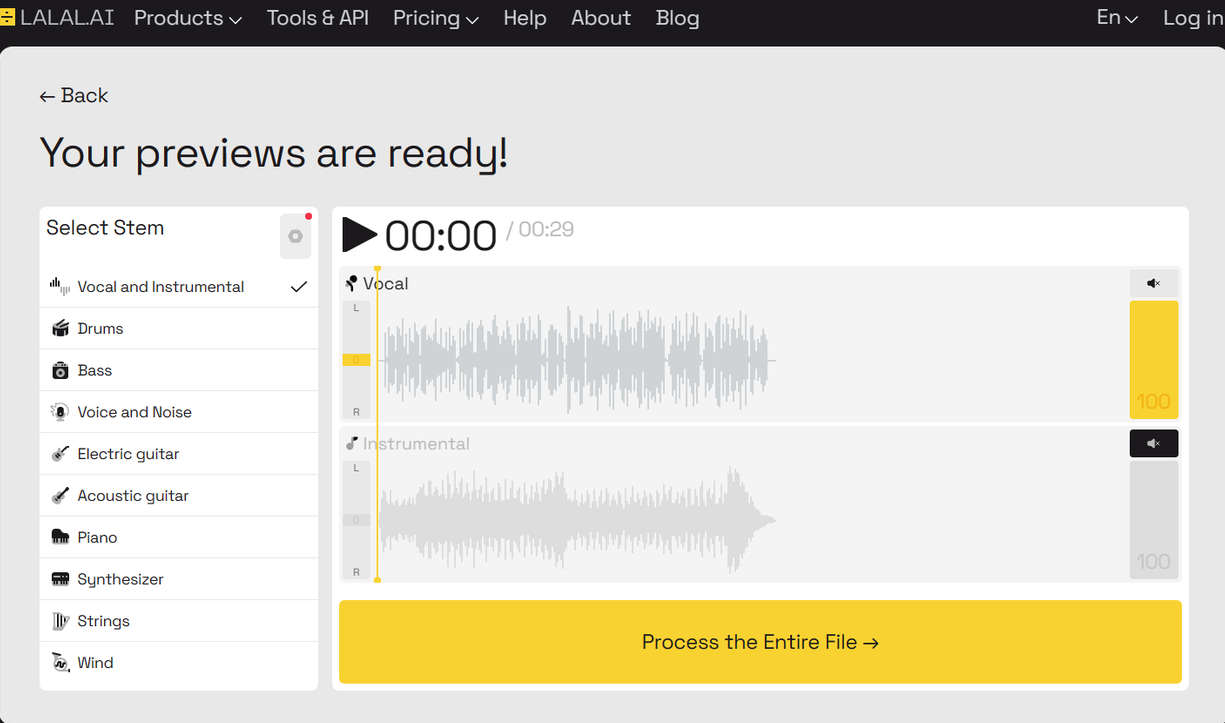 LALAL.AI voice extraction software interface