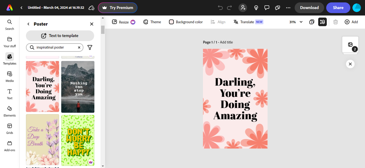 Adobe Express’s interface