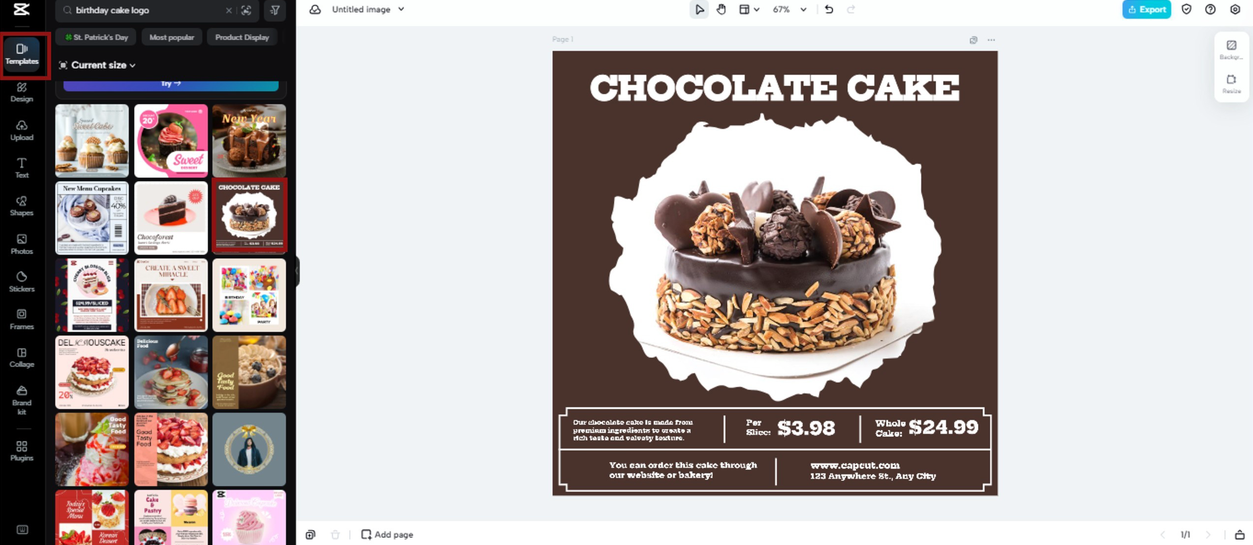 Homemade cake logo templates in CapCut Online