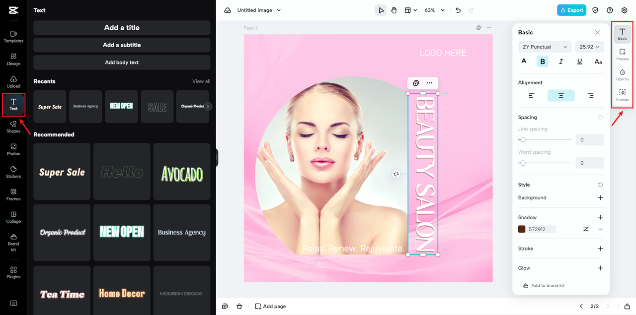 Customize text of beauty salon logo