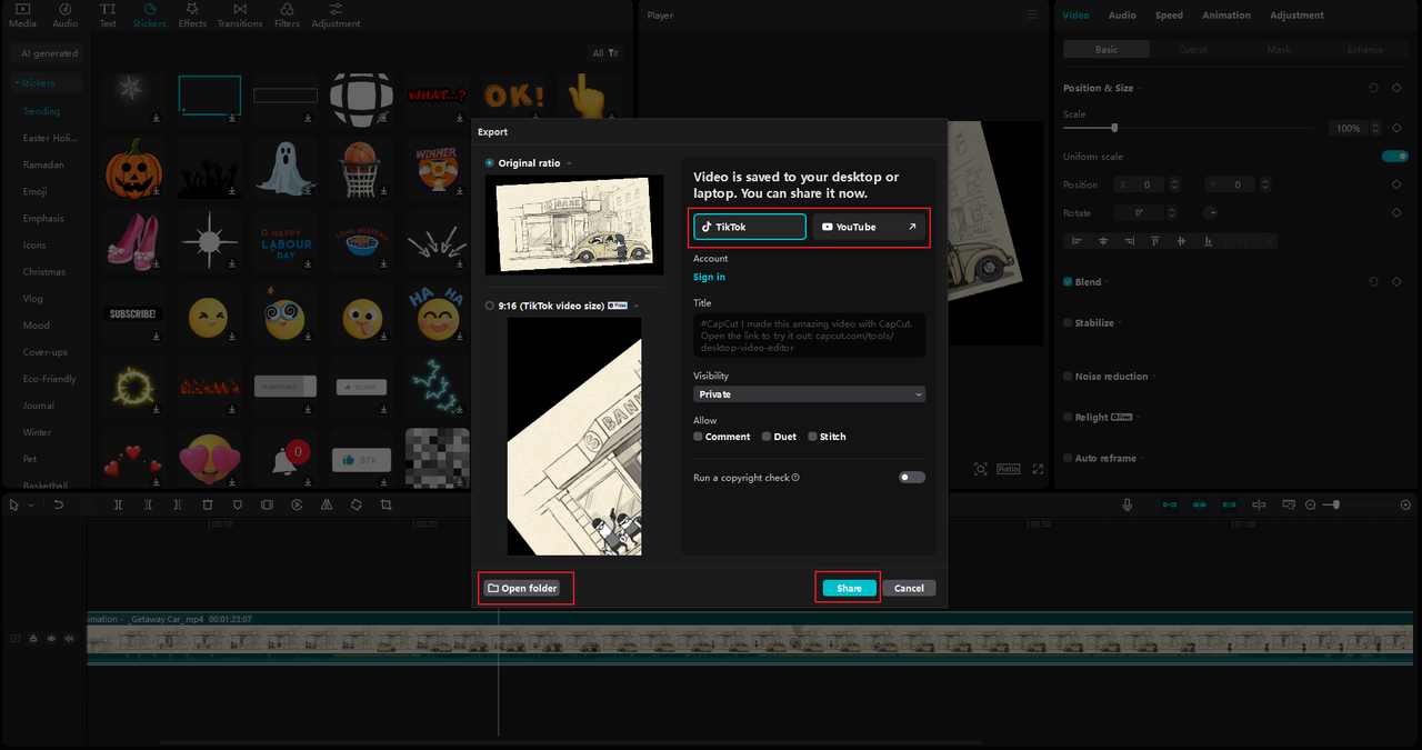 how to share a 2D animation video after editing with the CapCut desktop video editor.