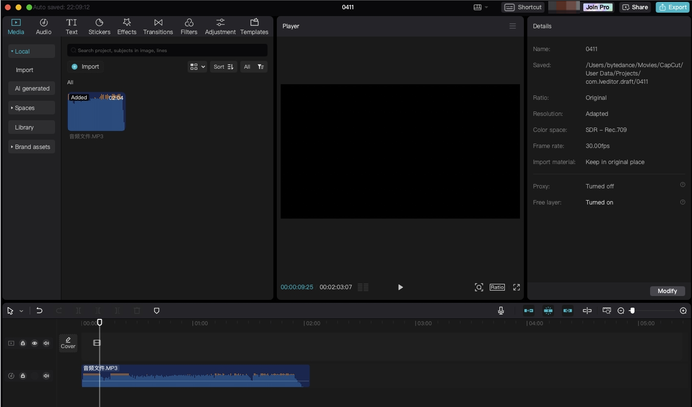 Upload an MP3 file in CapCut