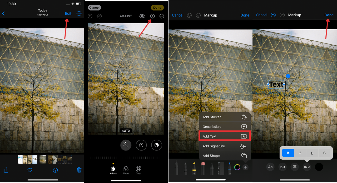 add text to a photo iPhone Photos app