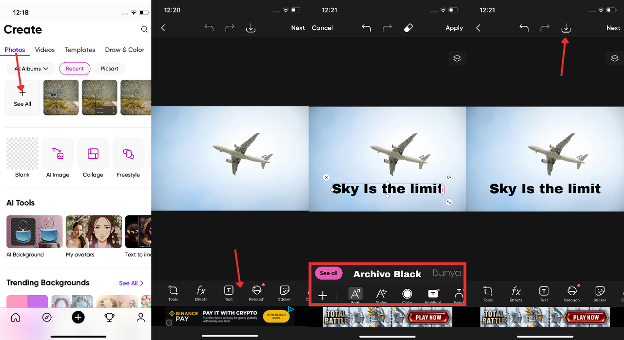 add text on photo iphone with picsart