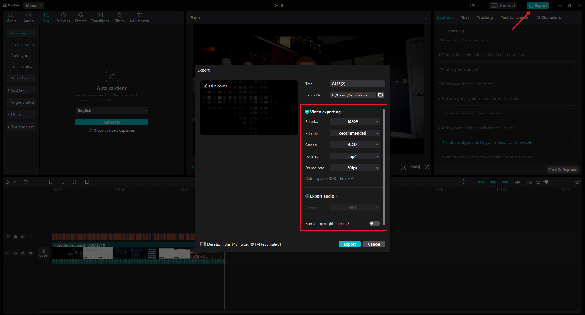 Export settings