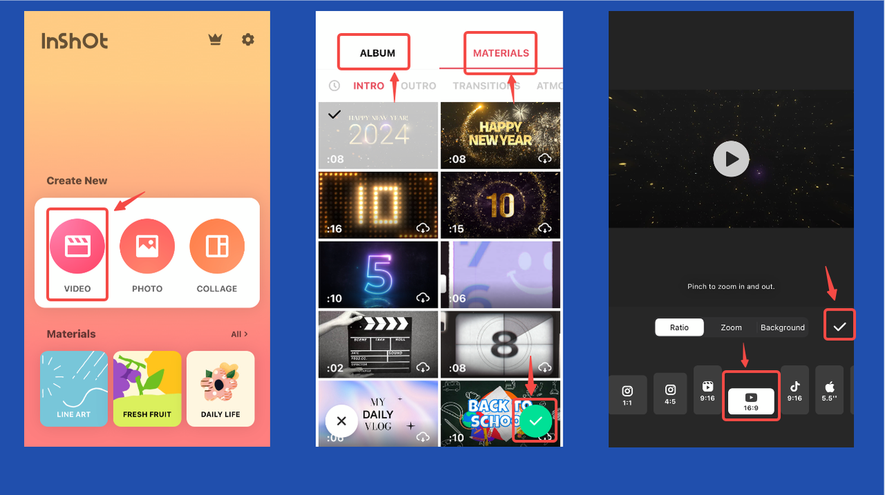 Upload video clips at InShot