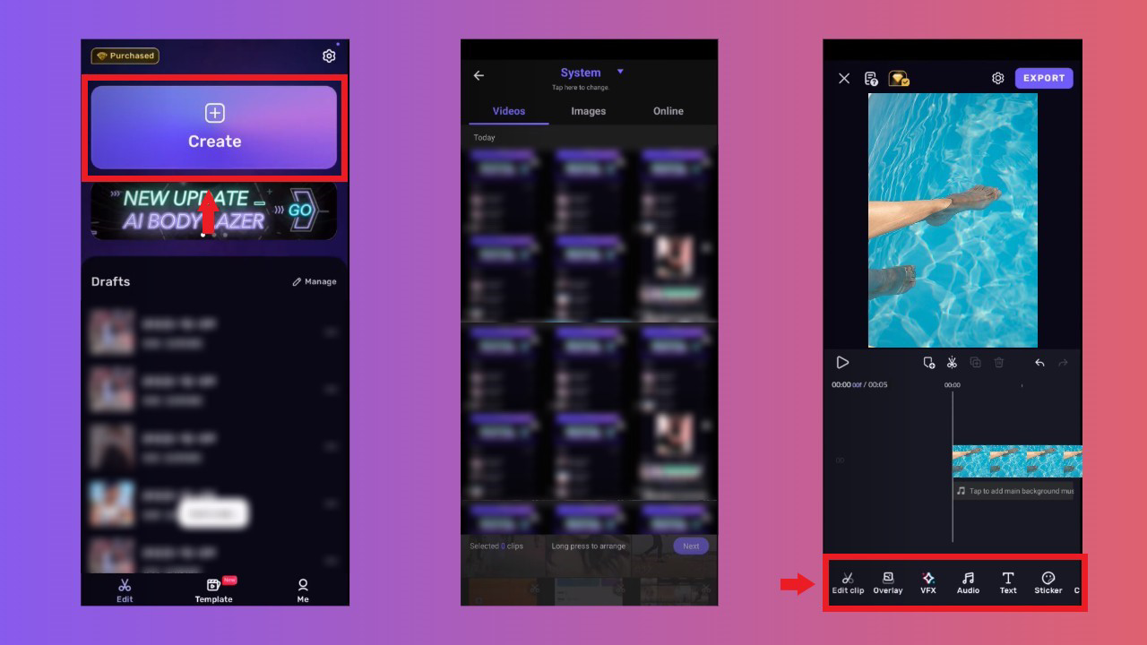 Click "Create" to select the video clips you want to edit