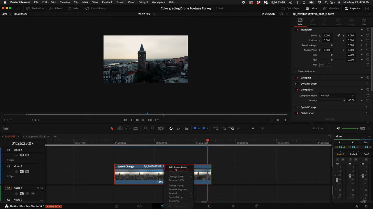 how to change speed on DaVinci Resolve