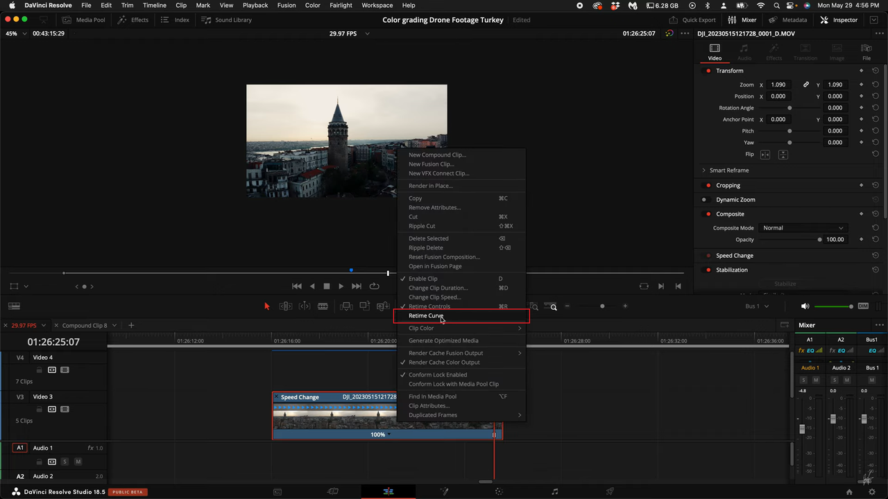 how to use retime curve on DaVinci Resolve