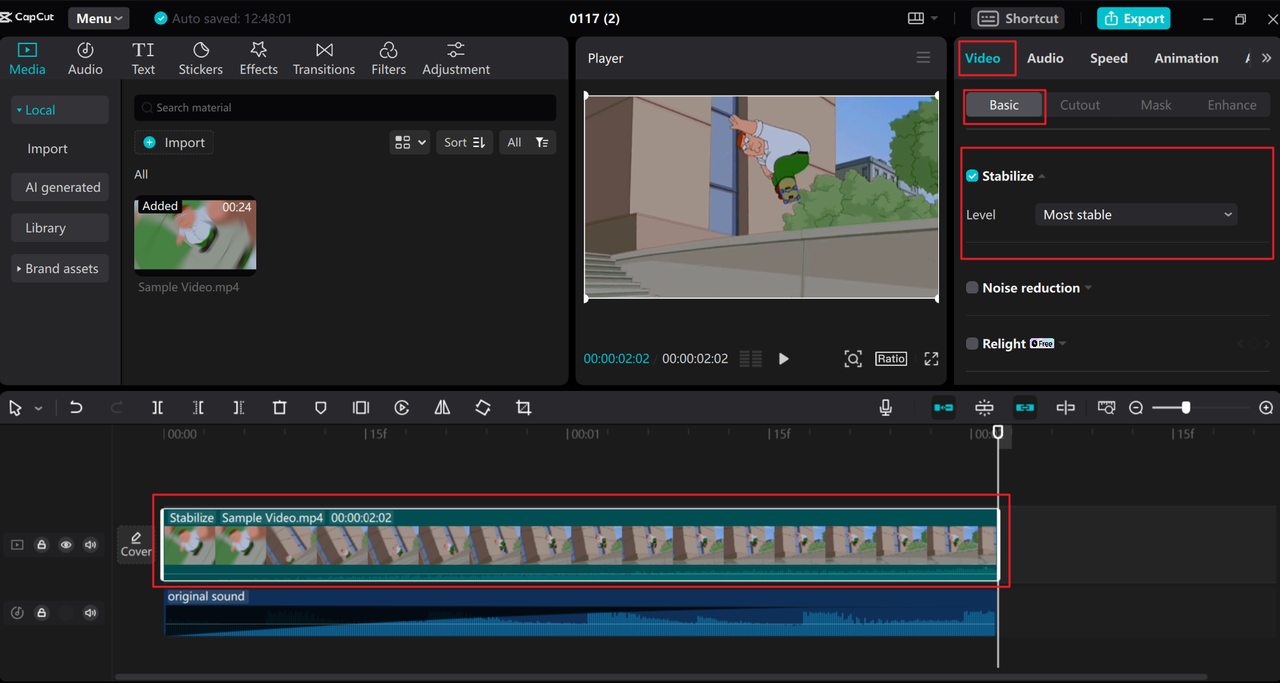 Stabilize a video via the CapCut stabilizer For PC
