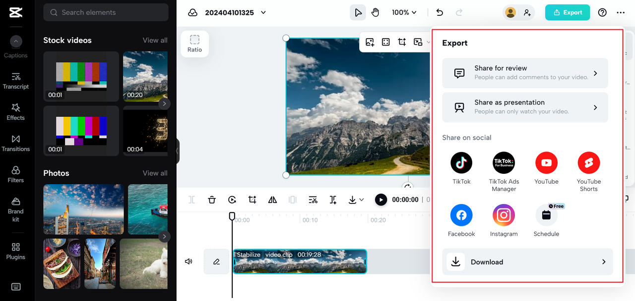 Export a video from the CapCut stabilizer online