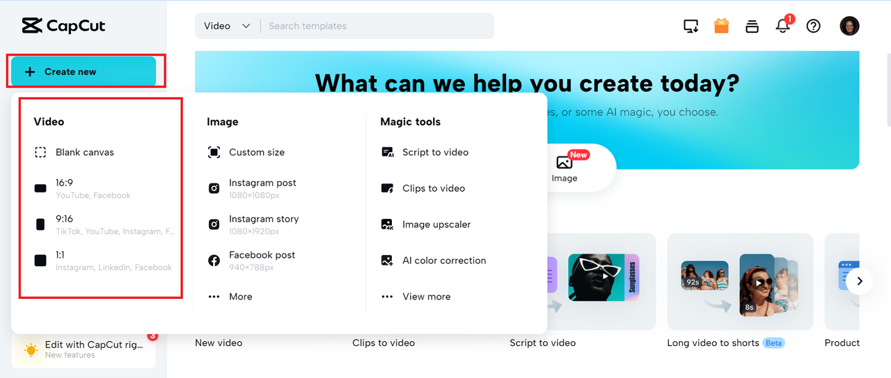 Creating new project on CapCut online