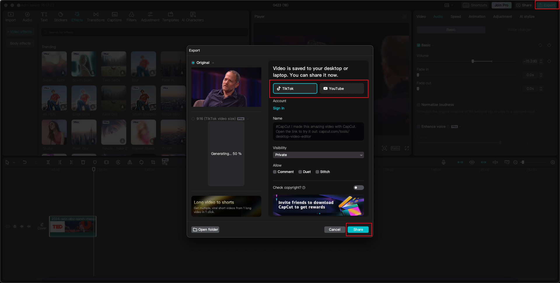 export and share on CapCut
