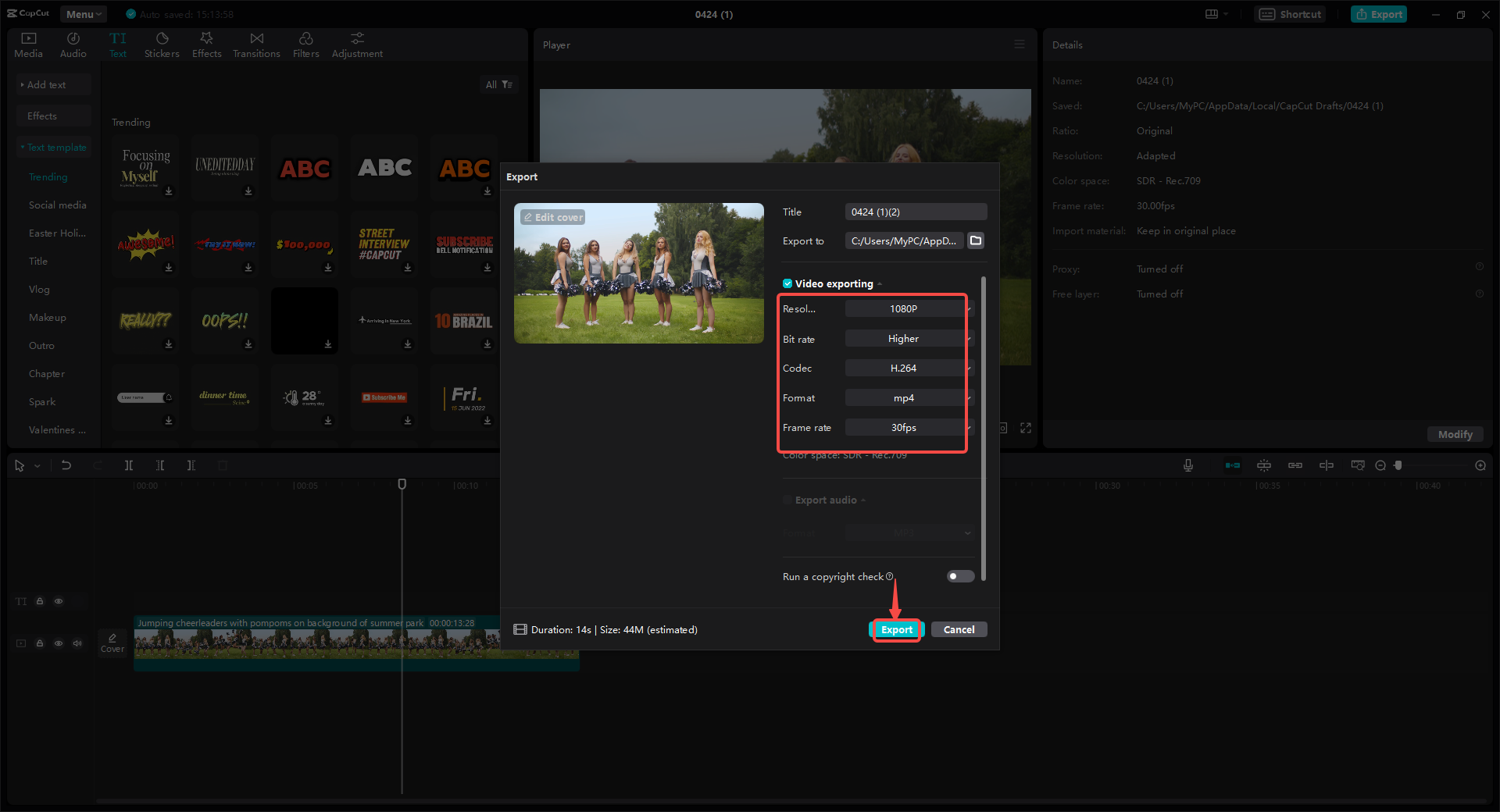 Export and share the video