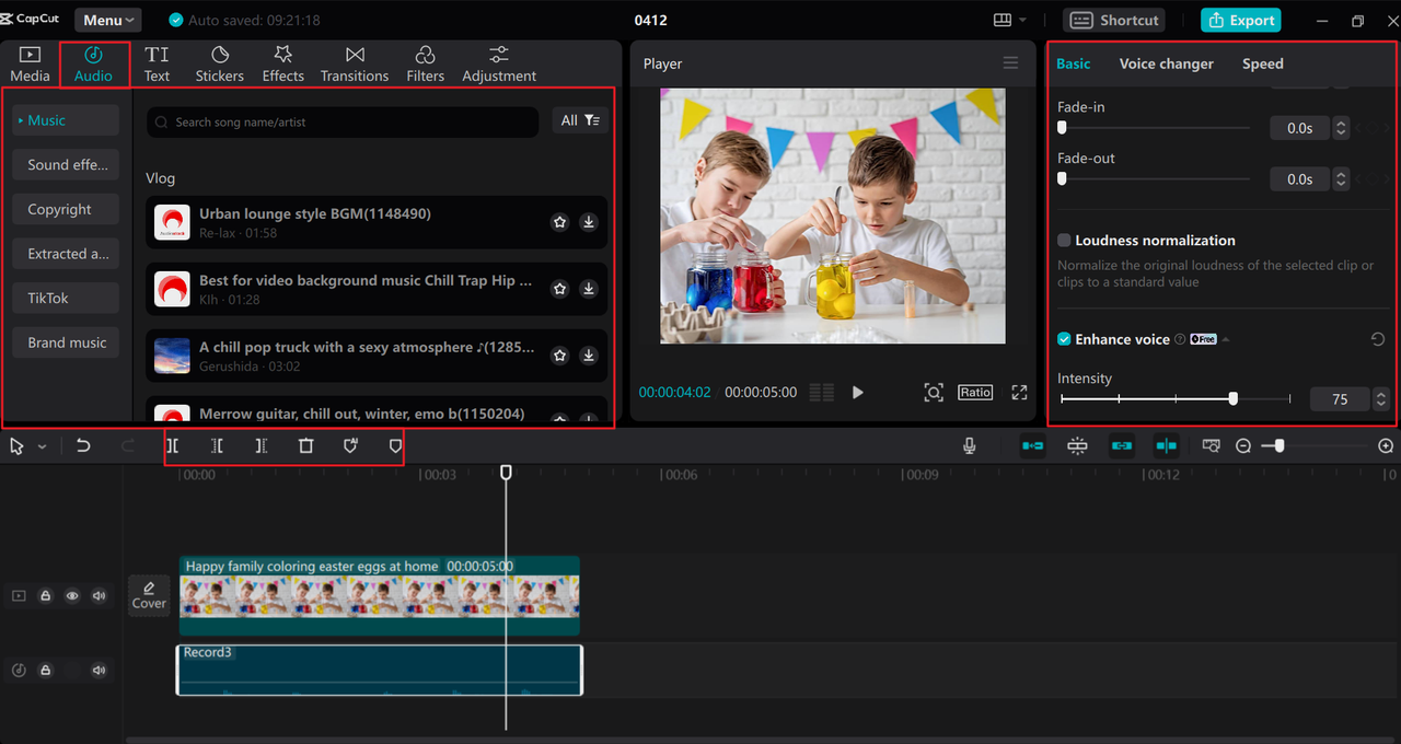 Edit audio on the CapCut desktop YouTube audio recorder