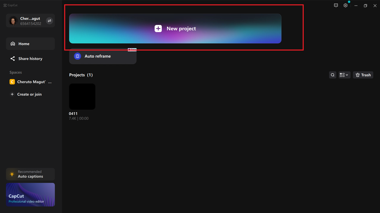 Satrting anew project on CapCut desktop