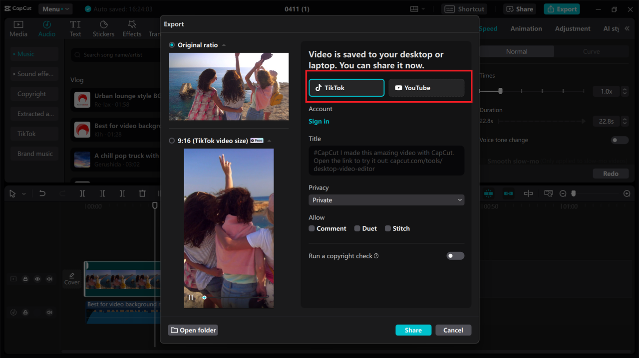 Sharing video from CapCut desktop