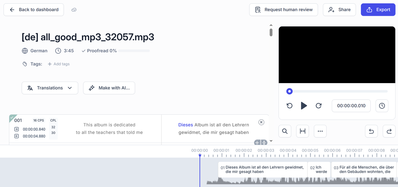 Translate English to German audio on Happyscribe