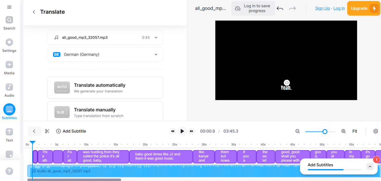 Translate English to German audio on Veed.io