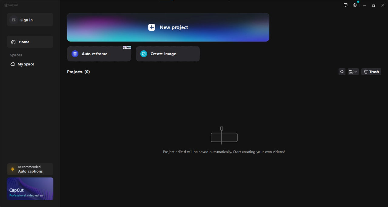 Front page of CapCut PC app