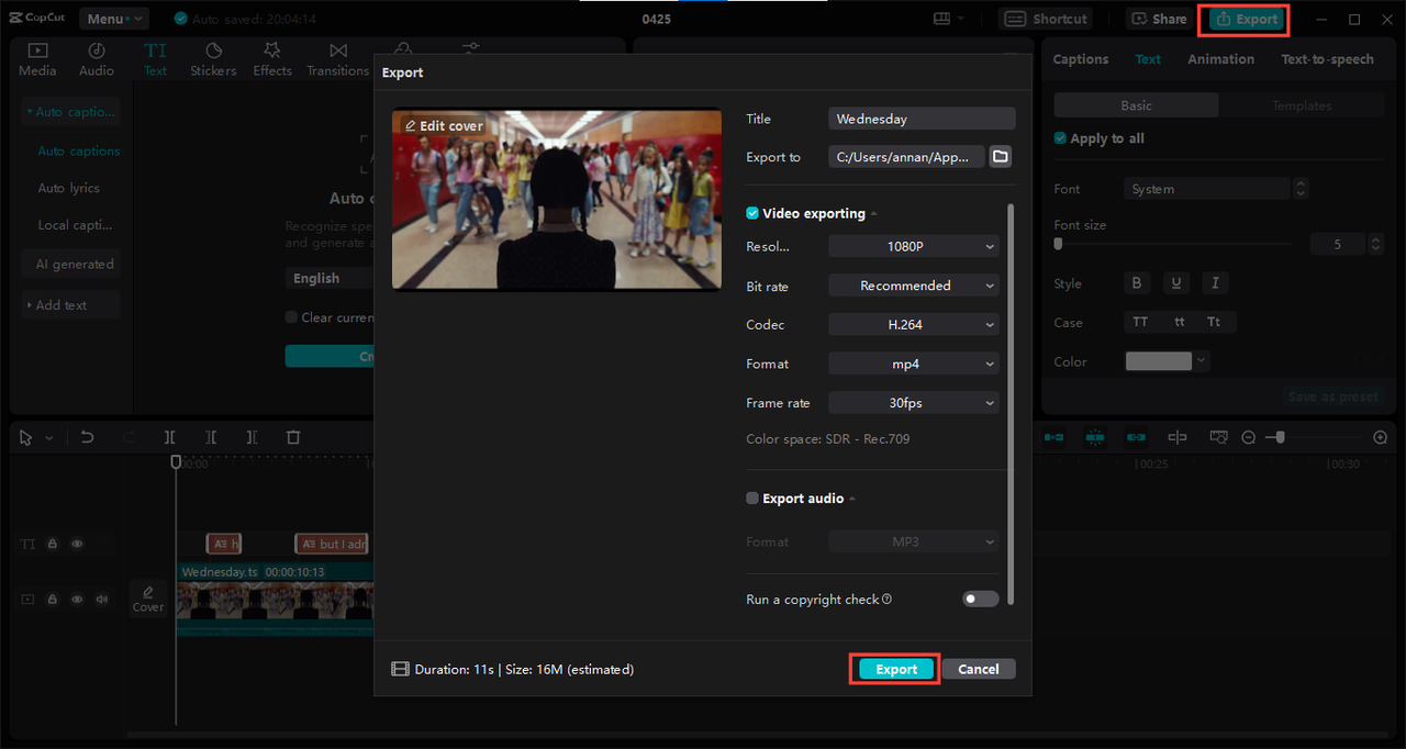 Export video after translation with CapCut PC app