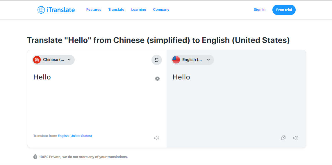 Screenshot of iTranslate web interface