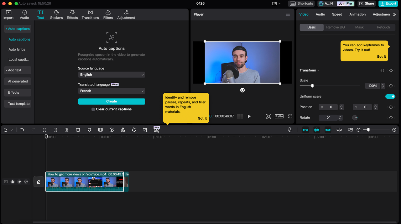 how to utilize auto captions and generate French text on CapCut desktop