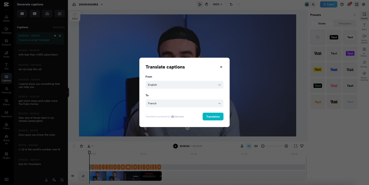 how to translate from English to French captions on CapCut online