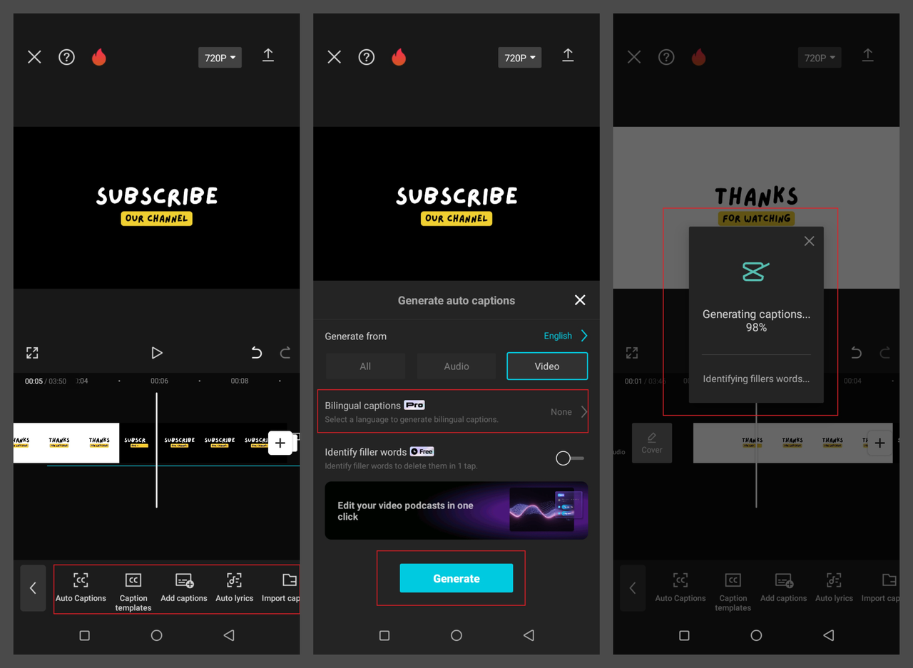 how to generate captions and translate audio on CapCut mobile