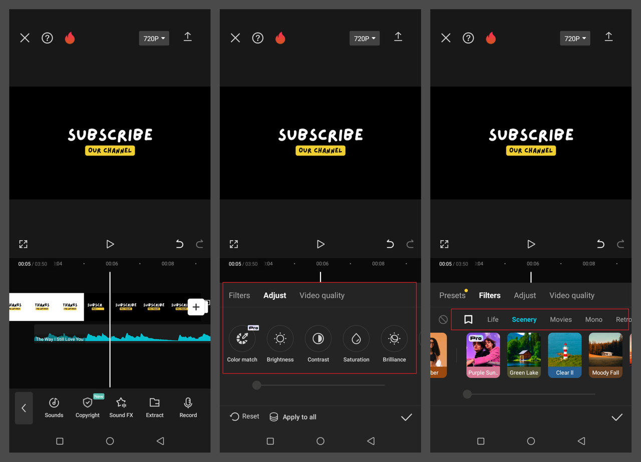 how to check copyright, adjust brightness, and apply filters on CapCut mobile