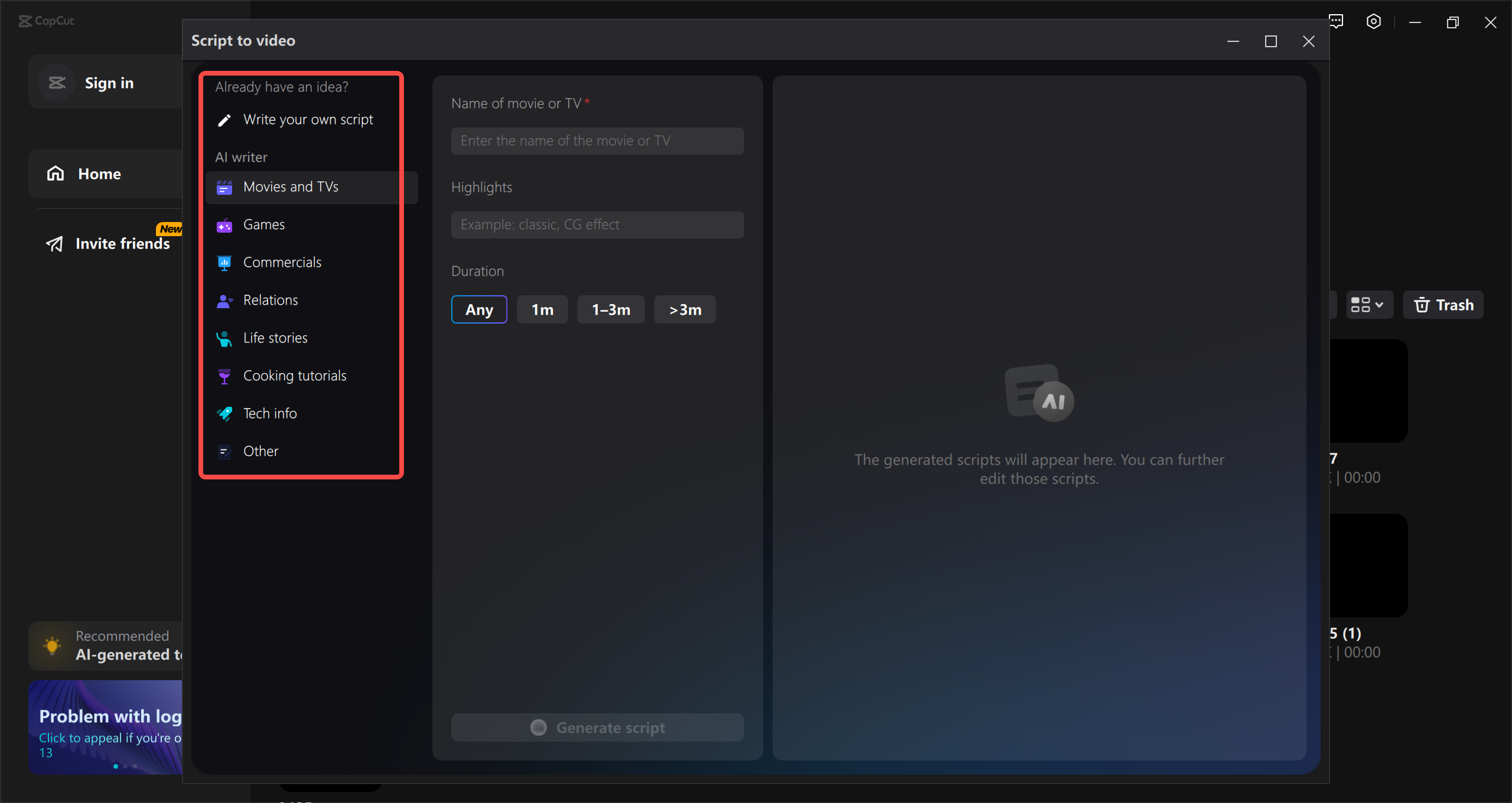 Open "Script to video"