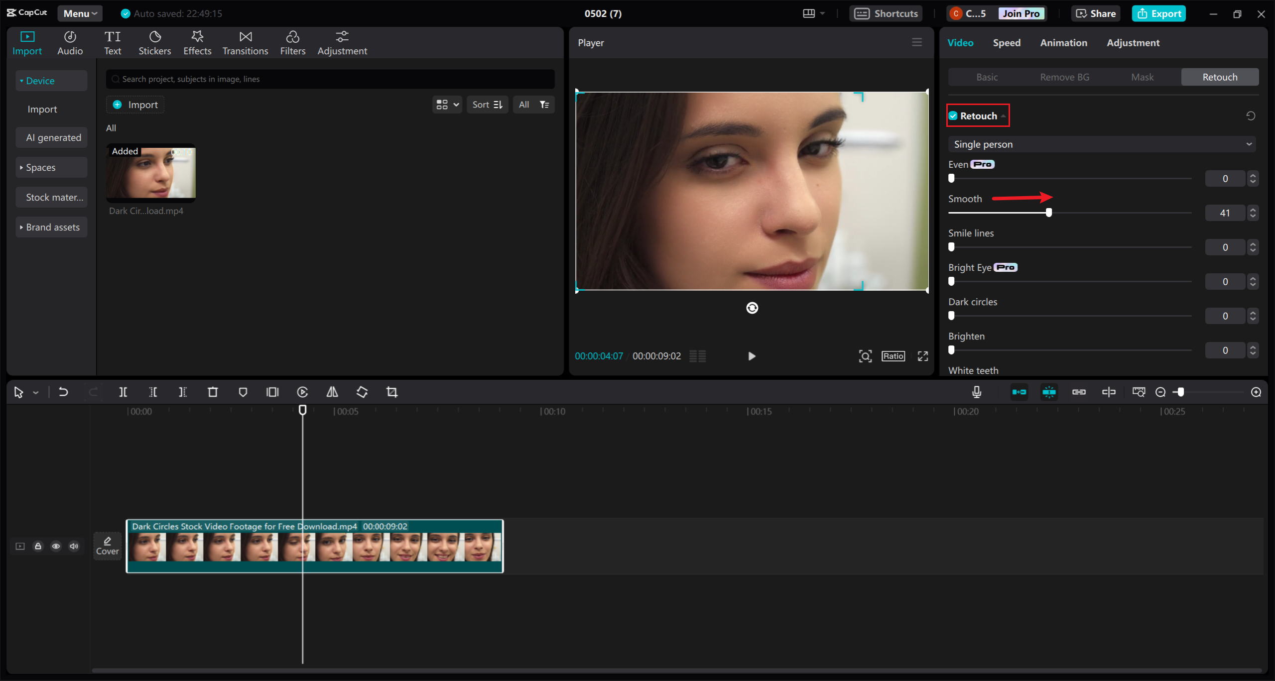 how to remove eye bags on CapCut