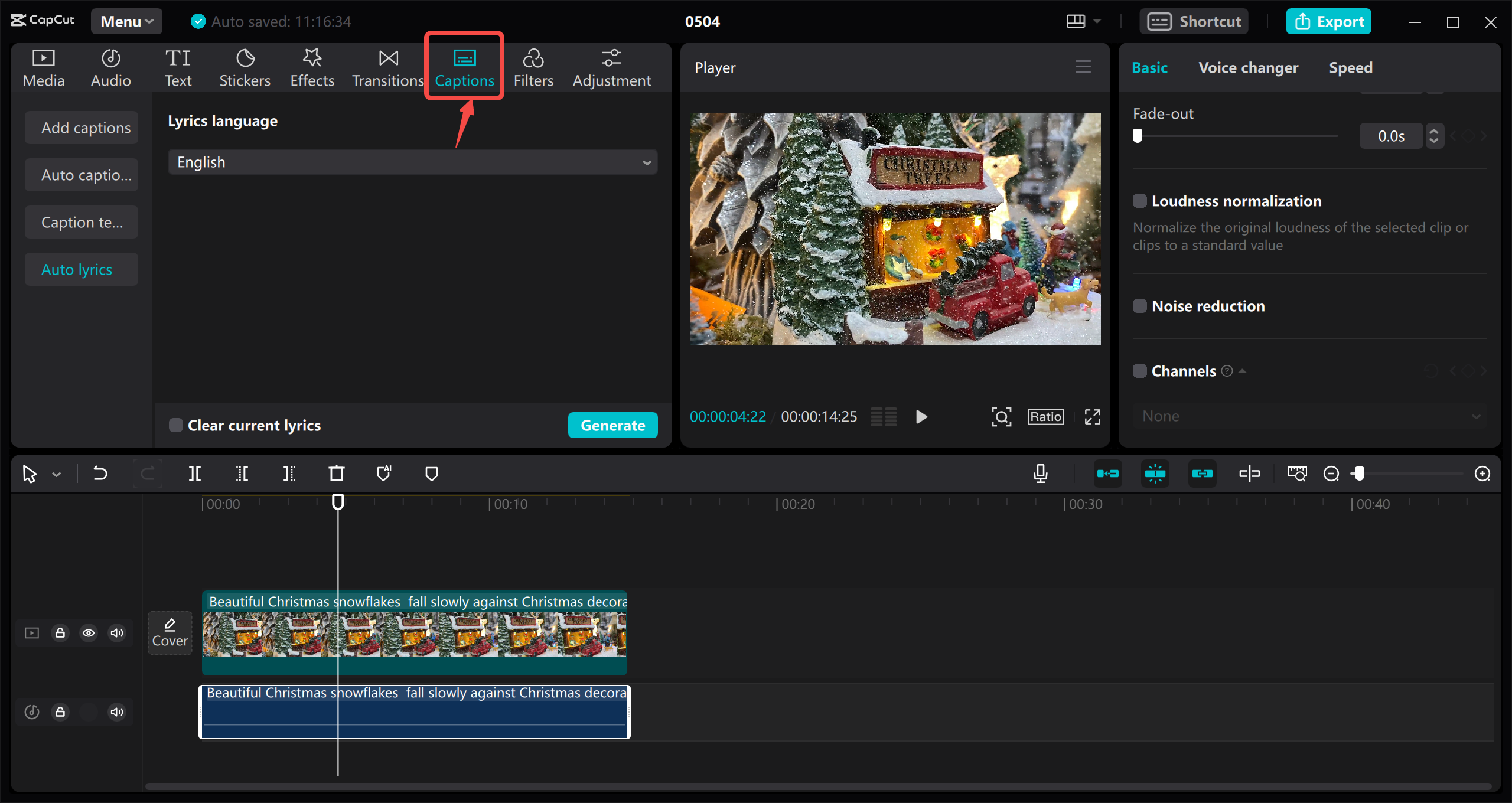 CapCut timeline with captions aligned to generated voiceover.