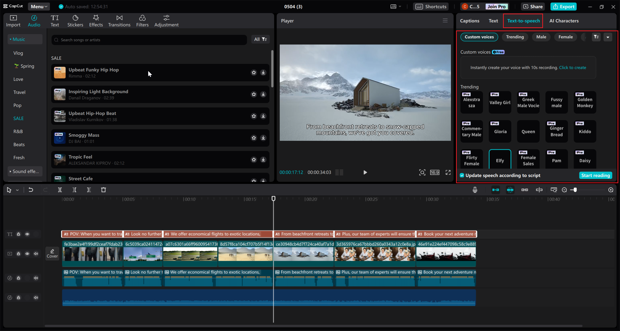 CapCut instant 5‑second preview audition for text‑to‑speech voices.