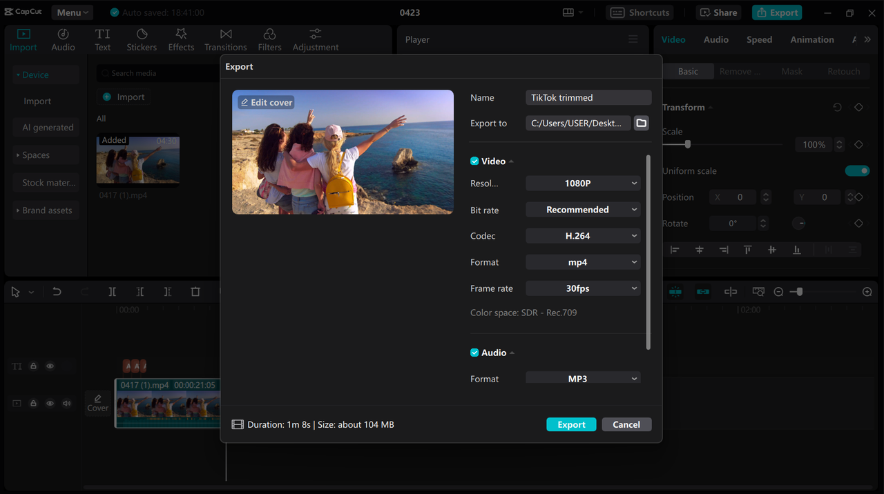 Exporting video from CapCut PC after editing it to TikTok length limit