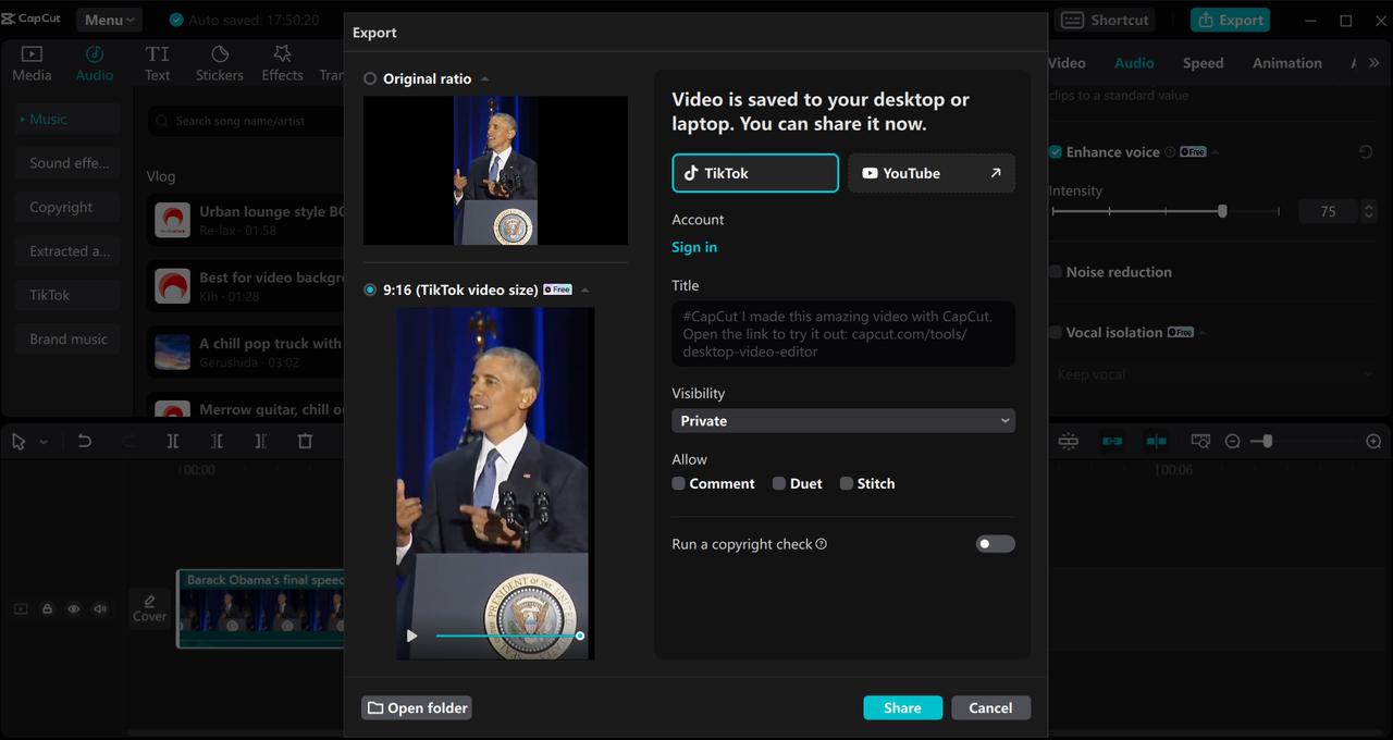  Resize your video to the 9:16 TikTok ad specs and share it from the CapCut desktop video editor