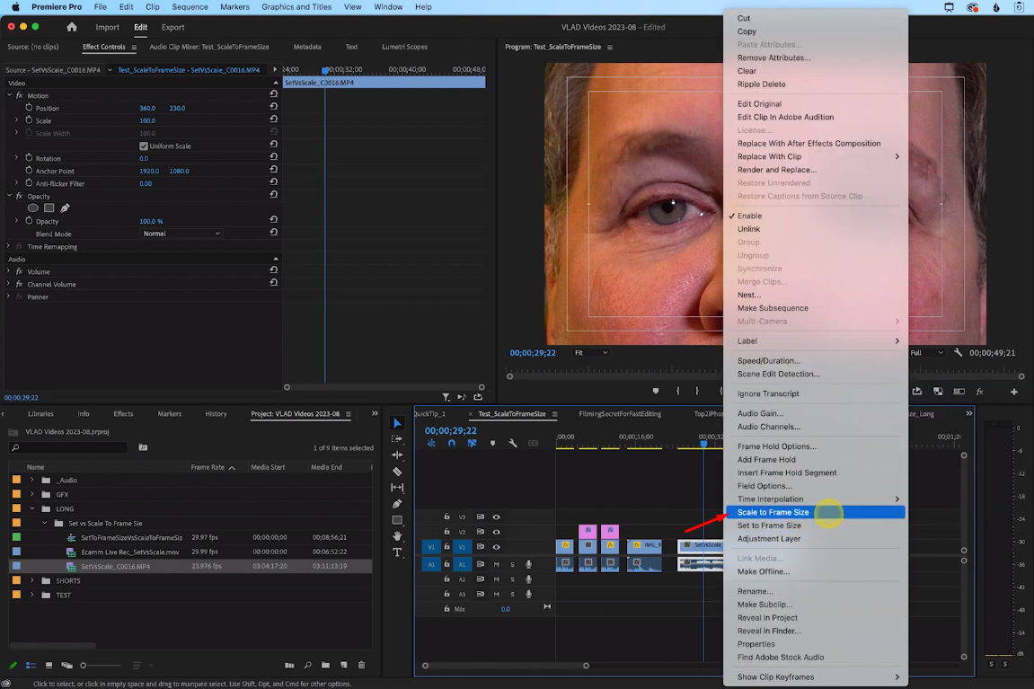 Resizing a Video in Premiere by Using "Scale to Frame Size"