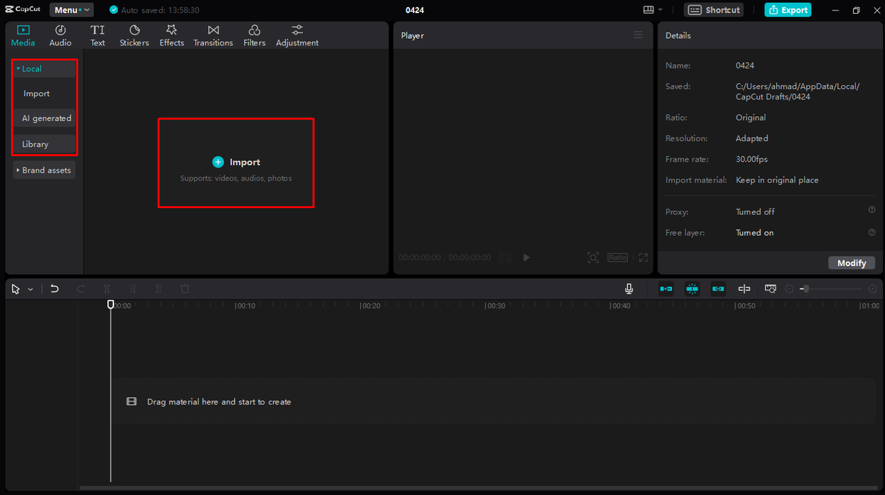 Import content into CapCut PC
