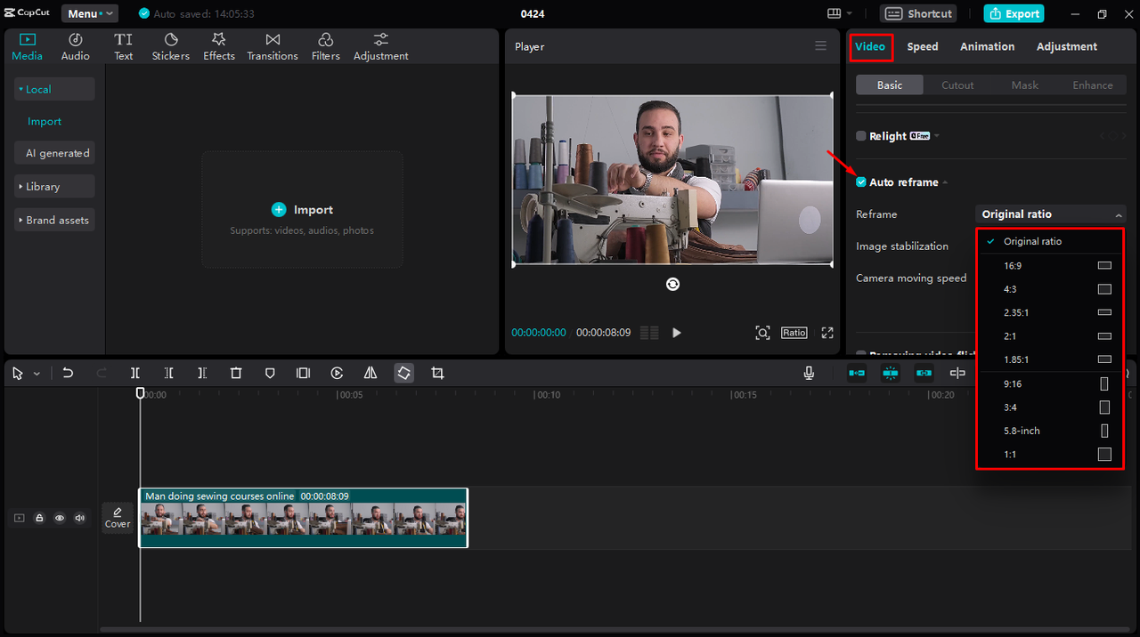 Use auto reframe to access aspect ratio presets