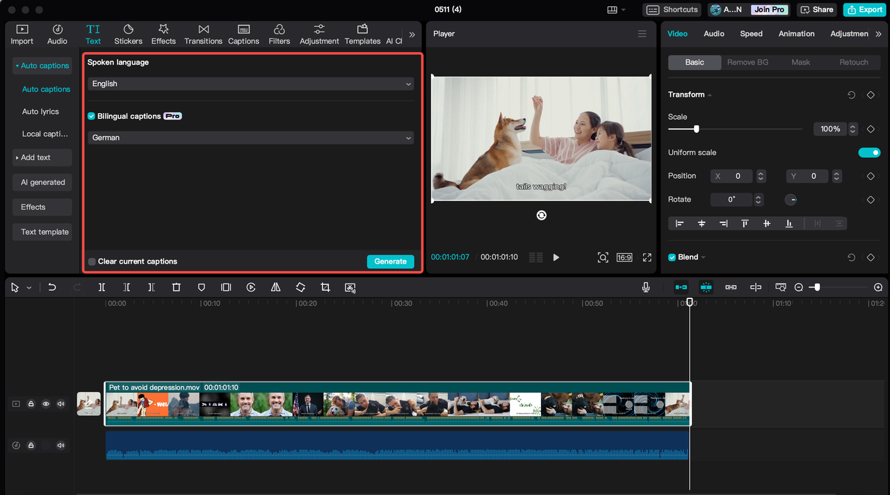 translate your English captions to German