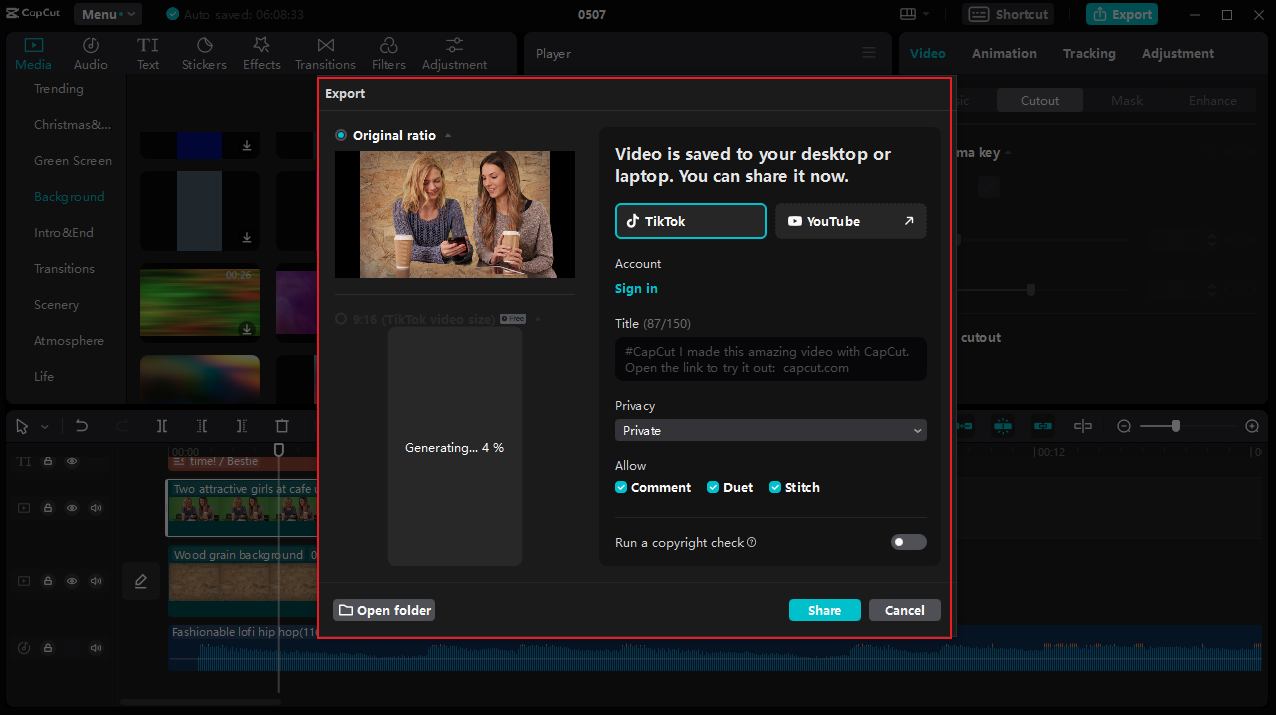 how to share green screen video on CapCut desktop video editor